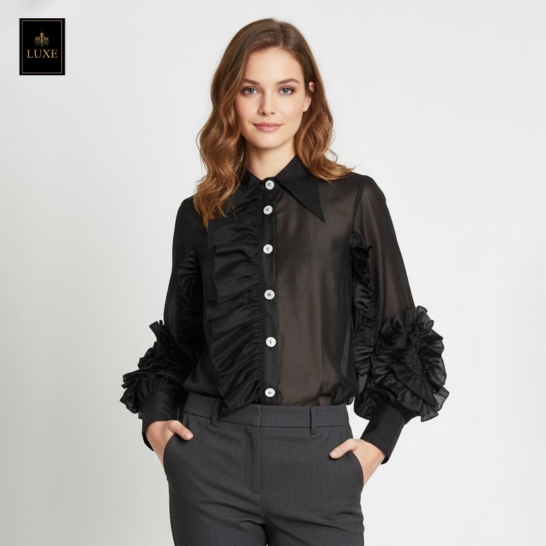 Label : LUXE เสื้อเชิ้ตคอปกแหลมแขนยาว ผ่าหน้าติดกระดุมเพชร สาบเสื้อแต่งระบาย ดีเทลแขนเสื้อแต่งด้วยผ้าในตัวเป็นรูปดอกไม้ ทำจากผ้าไหมเครปผสม เนื้อนุ่ม โปร่ง เบาสบายแต่ให้ความเป็นทรง