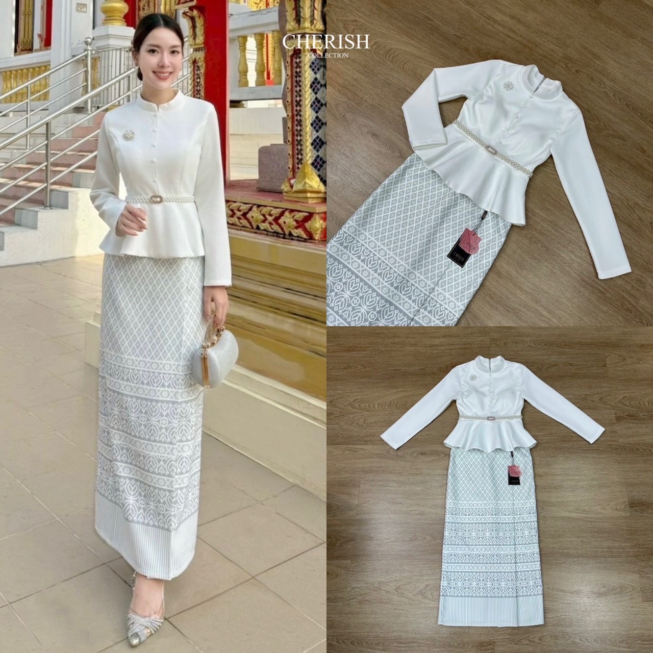 เซ็ท ชุดไทย 4 ชิ้น ตัวเสื้อคอกลมแขนยาวชายระบาย ตกแต่งกระดุมซิปหลังมีฟองน้ำเสริมอก ตัวกระโปรงผ้าพิมท์ลายผับจีบหน้า ผ่าหลังพร้อมซับในอย่างดี มีเข็มขัด+เข็มกลัดแถมให้ด้วย จะใส่เข้าพิธีสำคัญ งานบุญ งานมงคลสมรส จะไปงานไหนรับรองเด่นสุดๆเลยค่า🩷