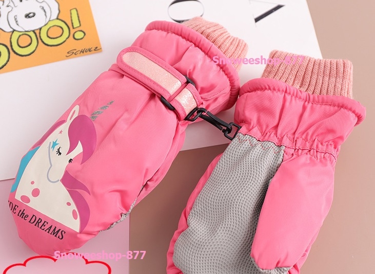 ถุงมือสกีถุงมือกันหิมะสำหรับเด็กบุหนากำมะหยี่เด็กลาย unicorn มี 5 เฉดสี 3-6 ขวบ