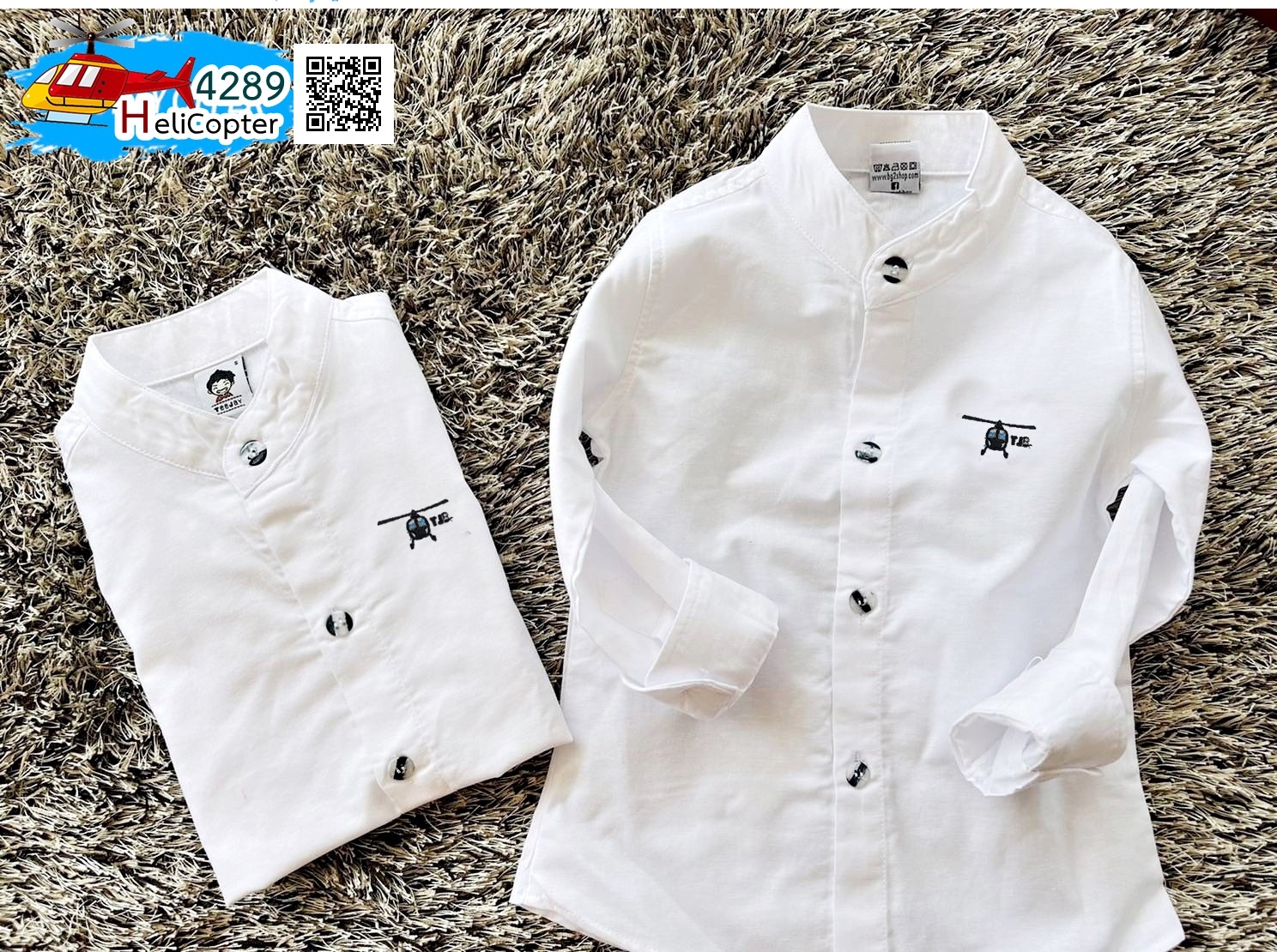 HC เสื้อเชิ้ต แขนยาว ปักคอปเตอร์ สีขาว คอจีนเด็ก 8 เดือน - 8 ขวบ