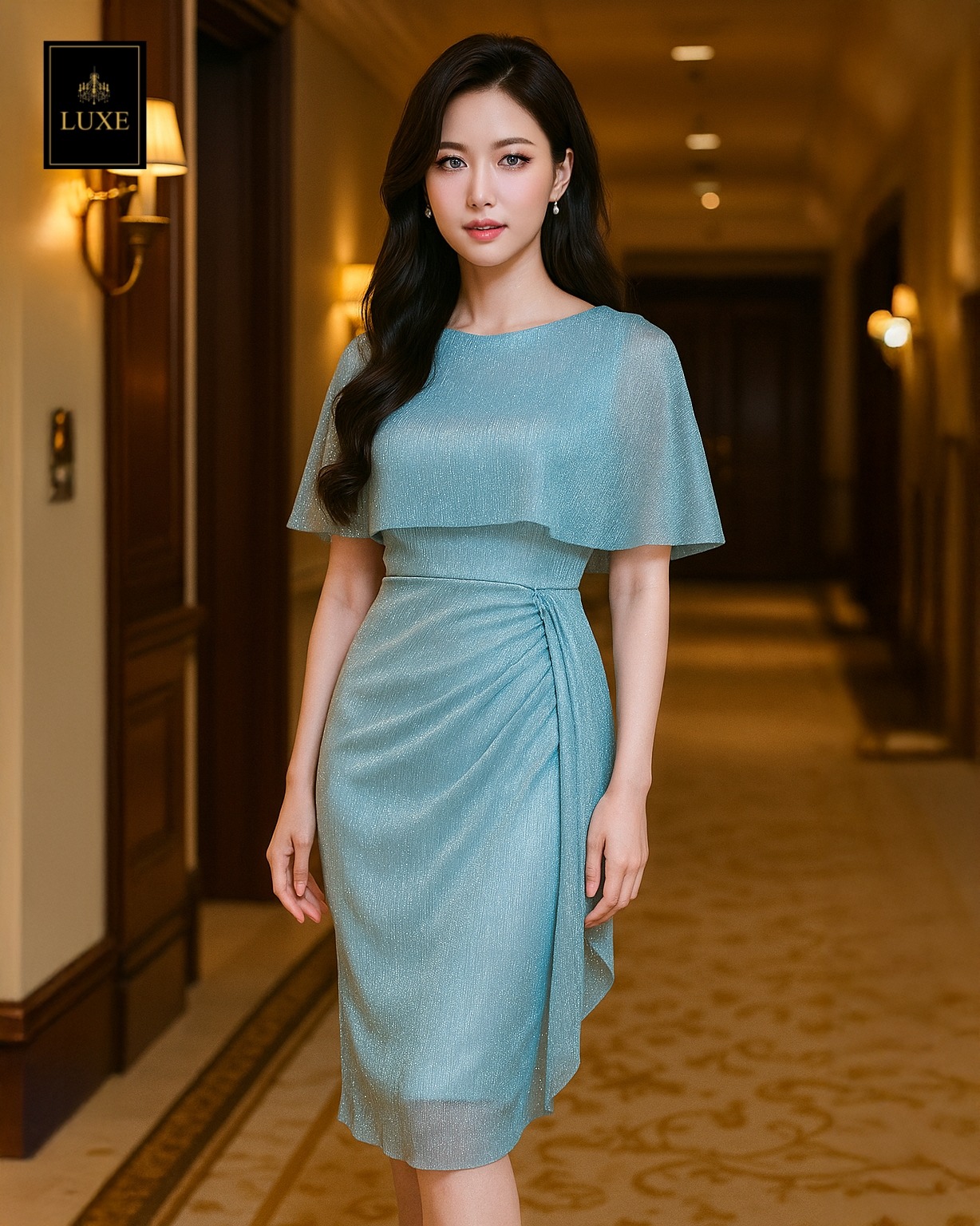 Label : LUXE เดรสเสื้อคอกลมแขนกุด ดีเทลเป็นเสื้อคลุมไหล่ในตัว กระโปรงทรงสอบจับเดรป แต่งชายระบาย ทำจากผ้าราเม่อัดพลีท ผสมดิ้นเมทัลลิค มีประกายเล่นแสงสวย ผ้านุ่มยืดหยุ่น คัตติ้งประณีต มีซิปซ่อนและซับในเต็มตัวค่ะ