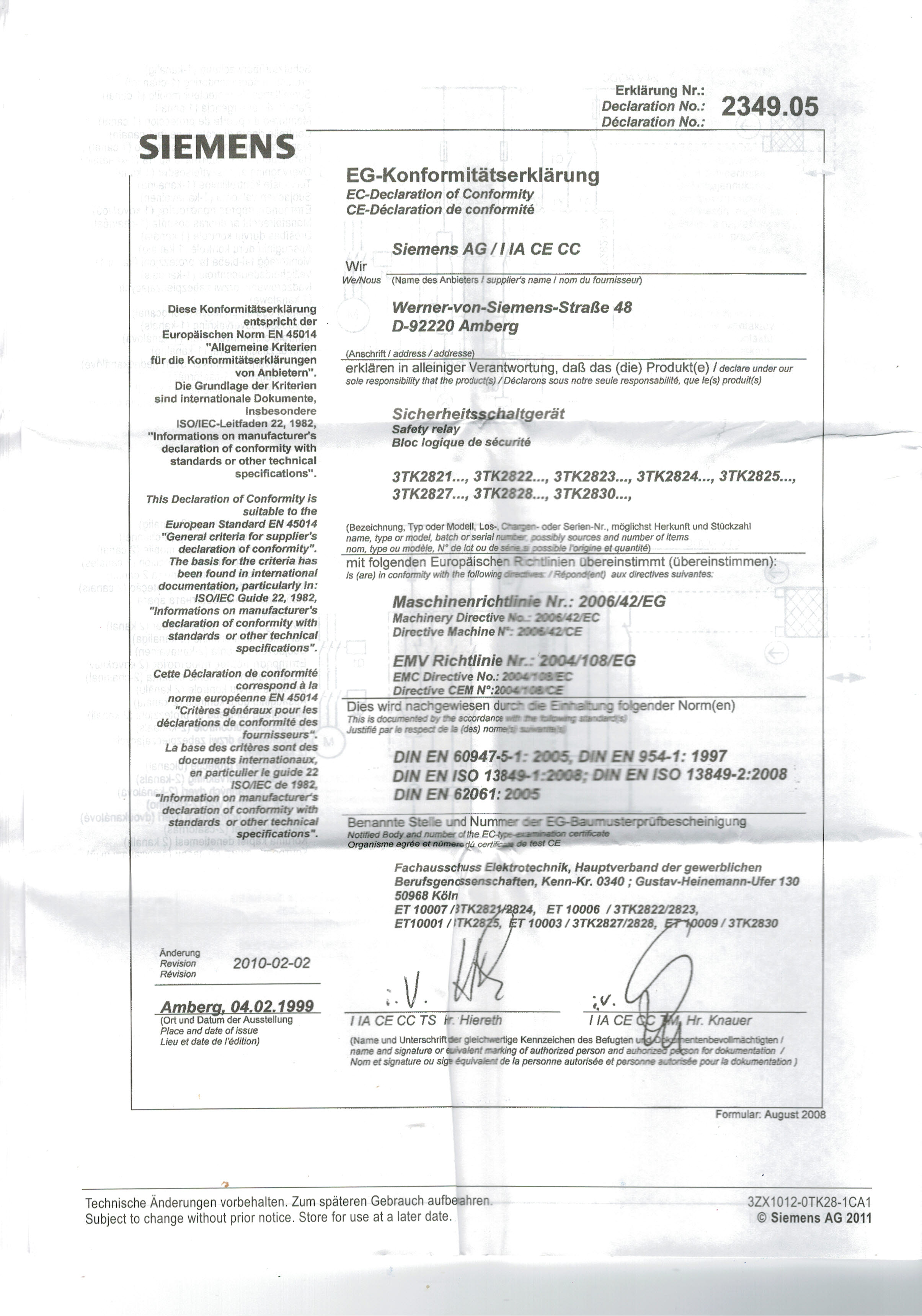 SIEMENS : 3TK2821-1CB30 SIRIUS safety relay with relay enabling circuits (EC) 24 V AC/DC, 22.5 mm Screw terminal EC instantaneous: 3 NO EC delayed: 0 NO SC: 1NC Autostart/manual start Basic device Maximum achieved SIL: 1, PL: c as expansion unit up to max