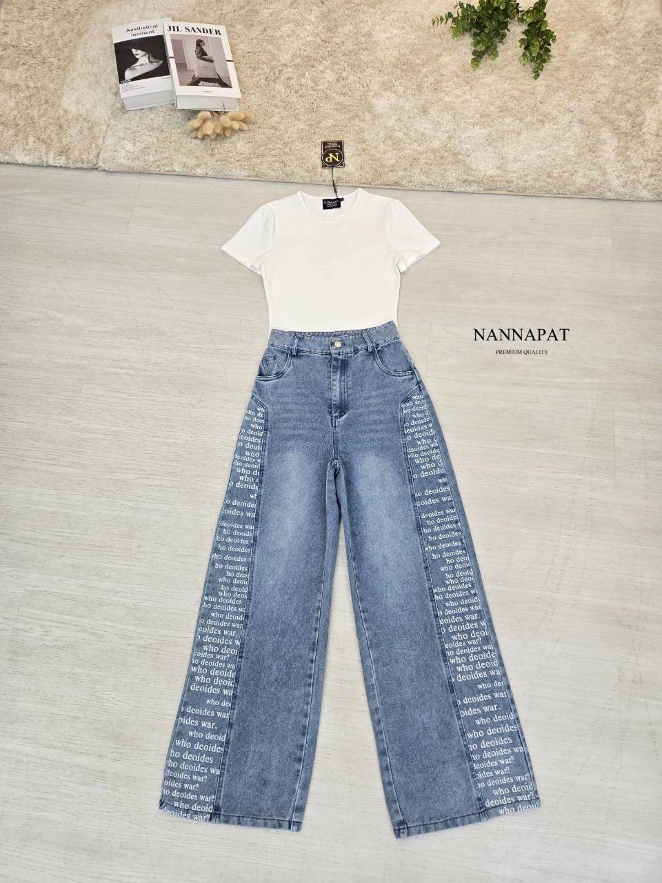 SET เสื้อยึดผ้านุ่มใส่สบาย + กางเกงยีนส์แท้ฟอกซีด-พิมพ์ลายอย่างจึ้ง สวยเท่