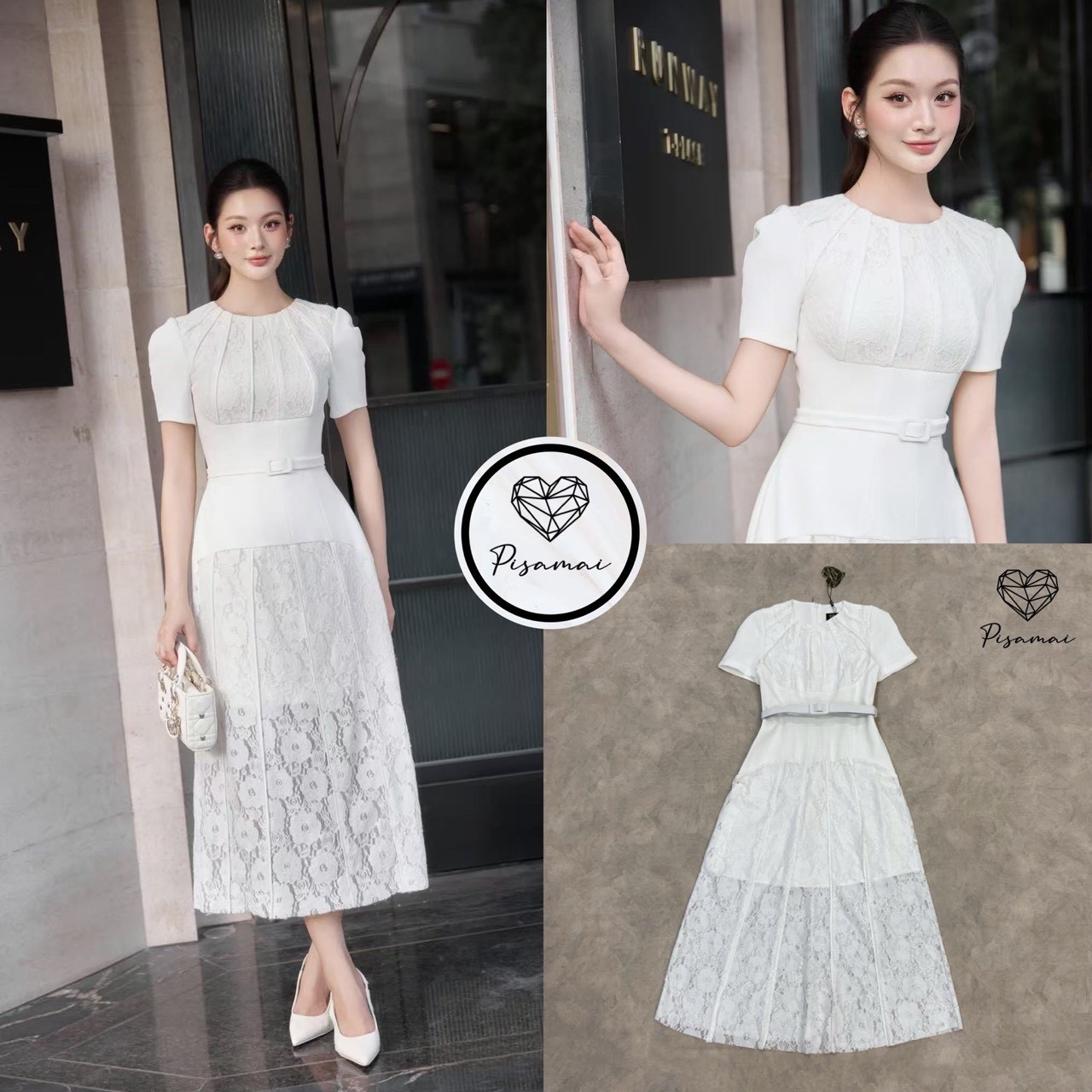 เดรสสีขาวตัวยาวคอกลม แต่งลายเส้นนูนแซทงานฉลุลูกไม้สีขาว มาพร้อมเข็มขัดเข้าเซ็ต ใส่เฟียสๆ แกรมๆ ได้ไม่ซ้ำใคร ต้องมีเลยค่า