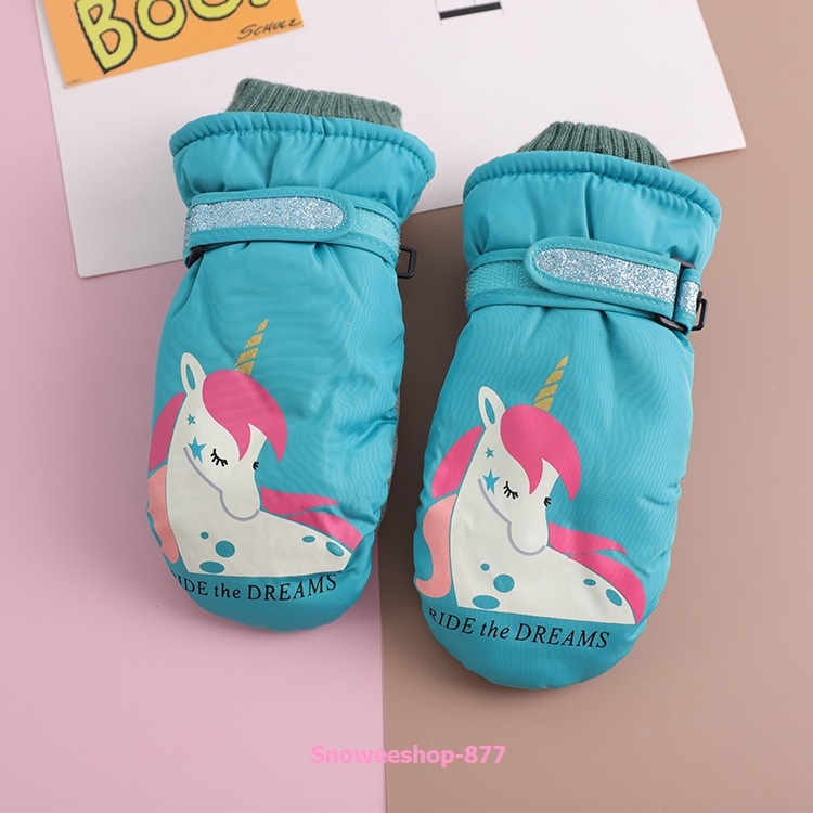 ถุงมือสกีถุงมือกันหิมะสำหรับเด็กบุหนากำมะหยี่เด็กลาย unicorn มี 5 เฉดสี 3-6 ขวบ