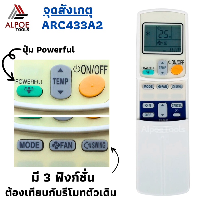 รีโมทแอร์ Daikin ฝาสไลด์ ปุ่ม Powerful