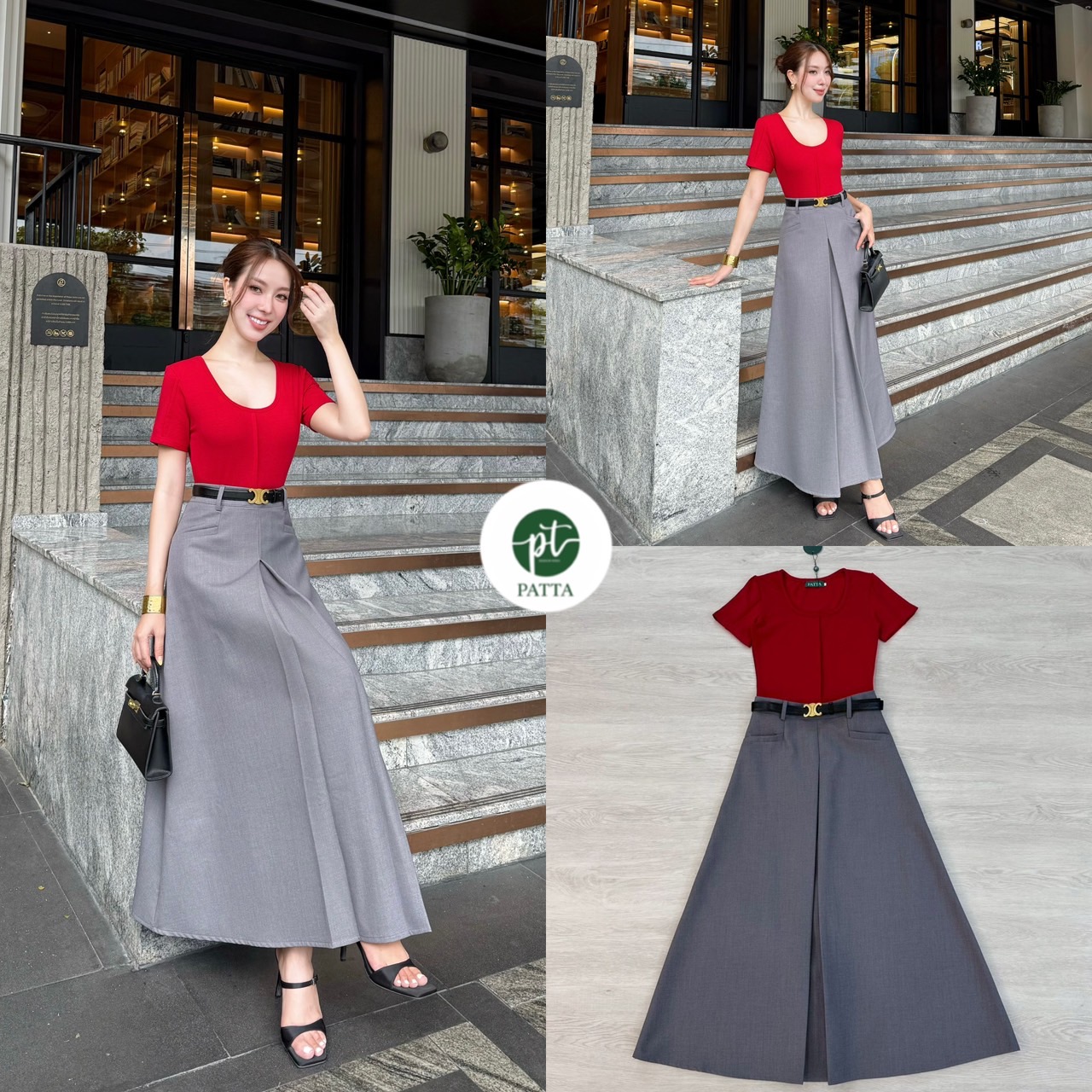 Set 2 ชิ้น เสื้อยืดแขนสั้นสีแดงทรงเข้ารูปสวย ดีเทลตีเกร็ดสวย แมทซ์กับกระโปรงยาวสีเทาแต่งจีบหน้า กระเป๋าหน้า2ข้าง ใช้งานได้จริง มีซิปหลัง