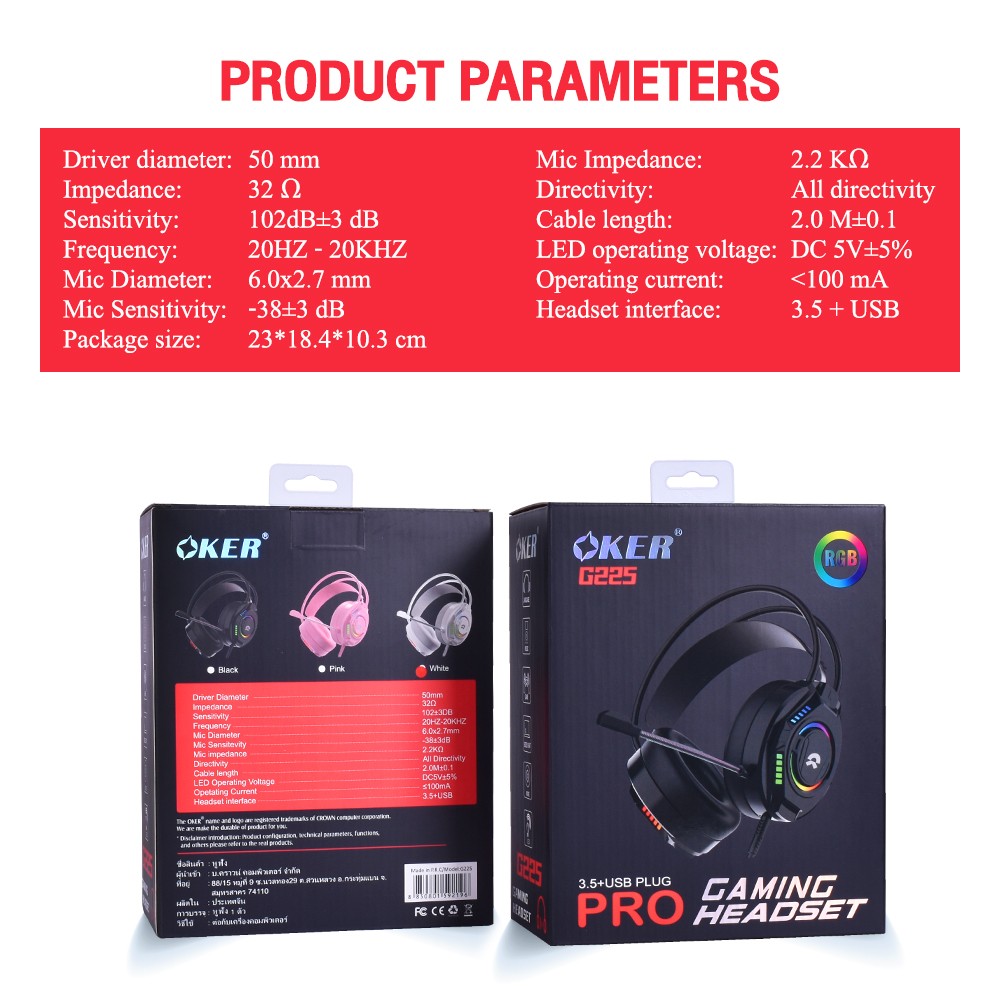 OKER G225 RGB HEADSET+MIC GAMING USB+3.5 HP-HM-OK-G225B