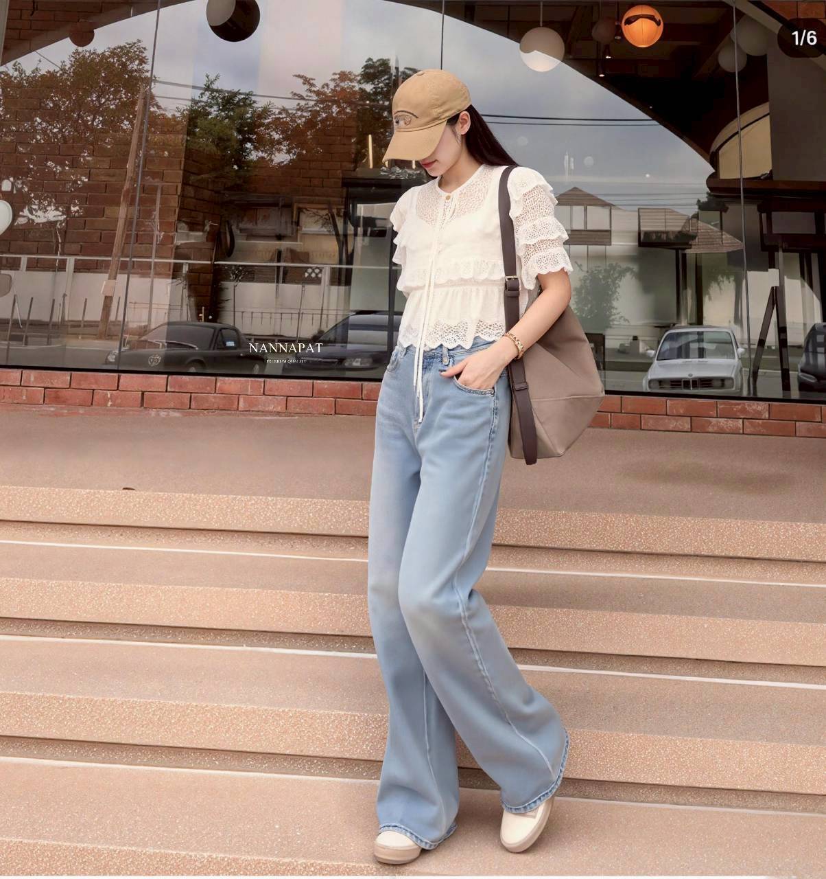 SET เสื้อ ผ้าลูกไม้นุ่มๆดีไซน์เป็นชั้นๆ แต่งเชือกผูกโบว์ + กางเกงยีนส์แท้ฟอก ทรงสวยเป๊ะ แม็ชกันลงตัวเวอร์ๆเลยค่าา