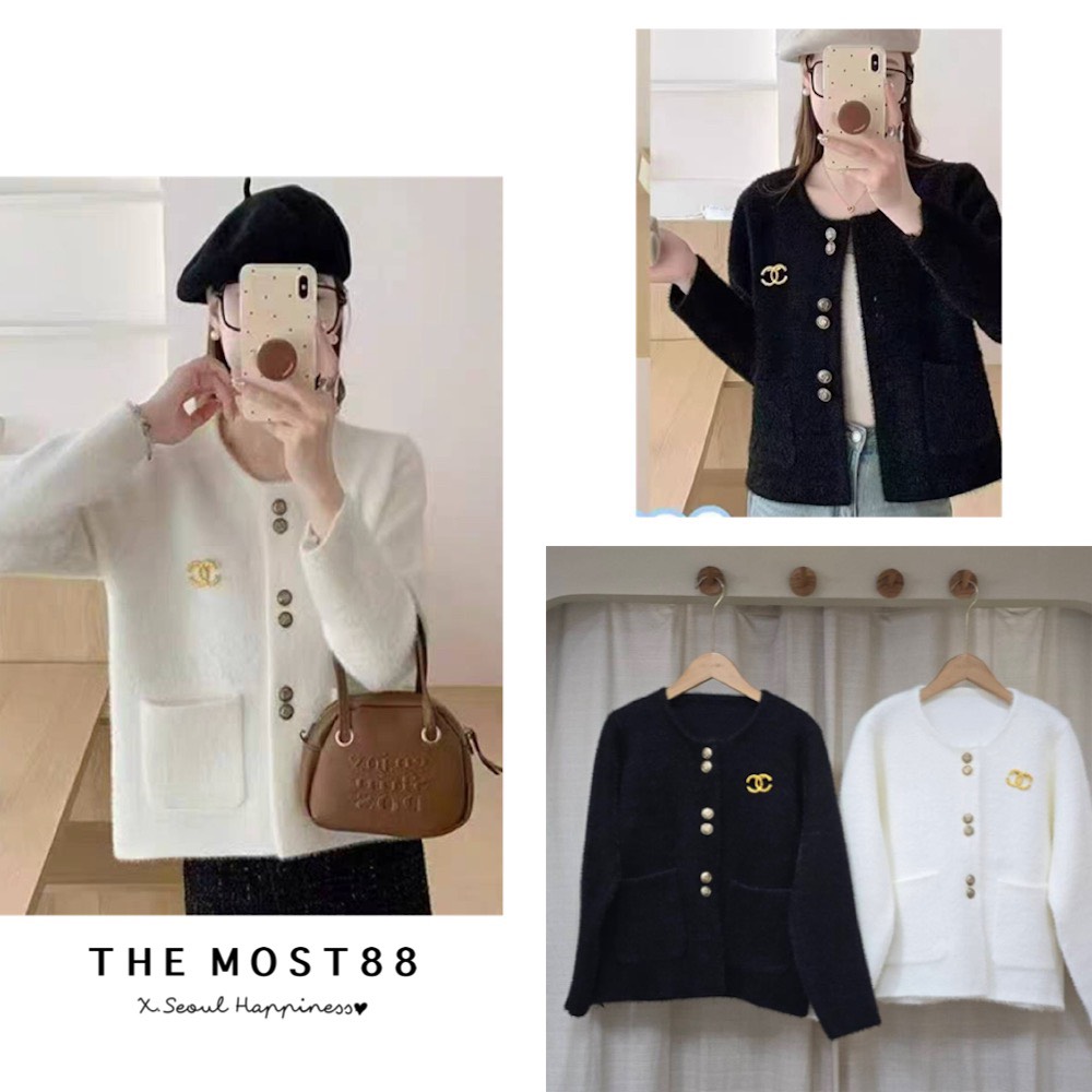 เสื้อผ้าขนผสม ทรงคาร์ดิแกน มีกระดุมหน้าหรูหราสุดๆ กระเป๋าล้วงได้ แถมเข็มกลัด 2 สี