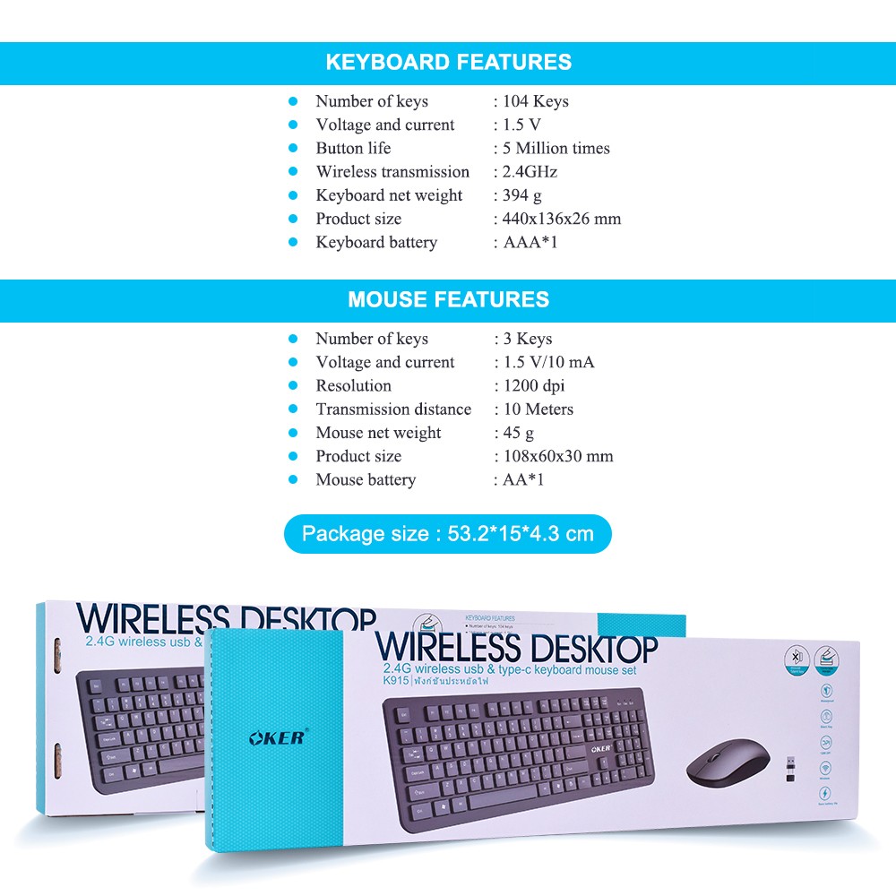 K-915 OKER 2.4G WIRELESS USB & TYPE-C KEYBOARD+ MOUSE KB-KM-OK-915BK