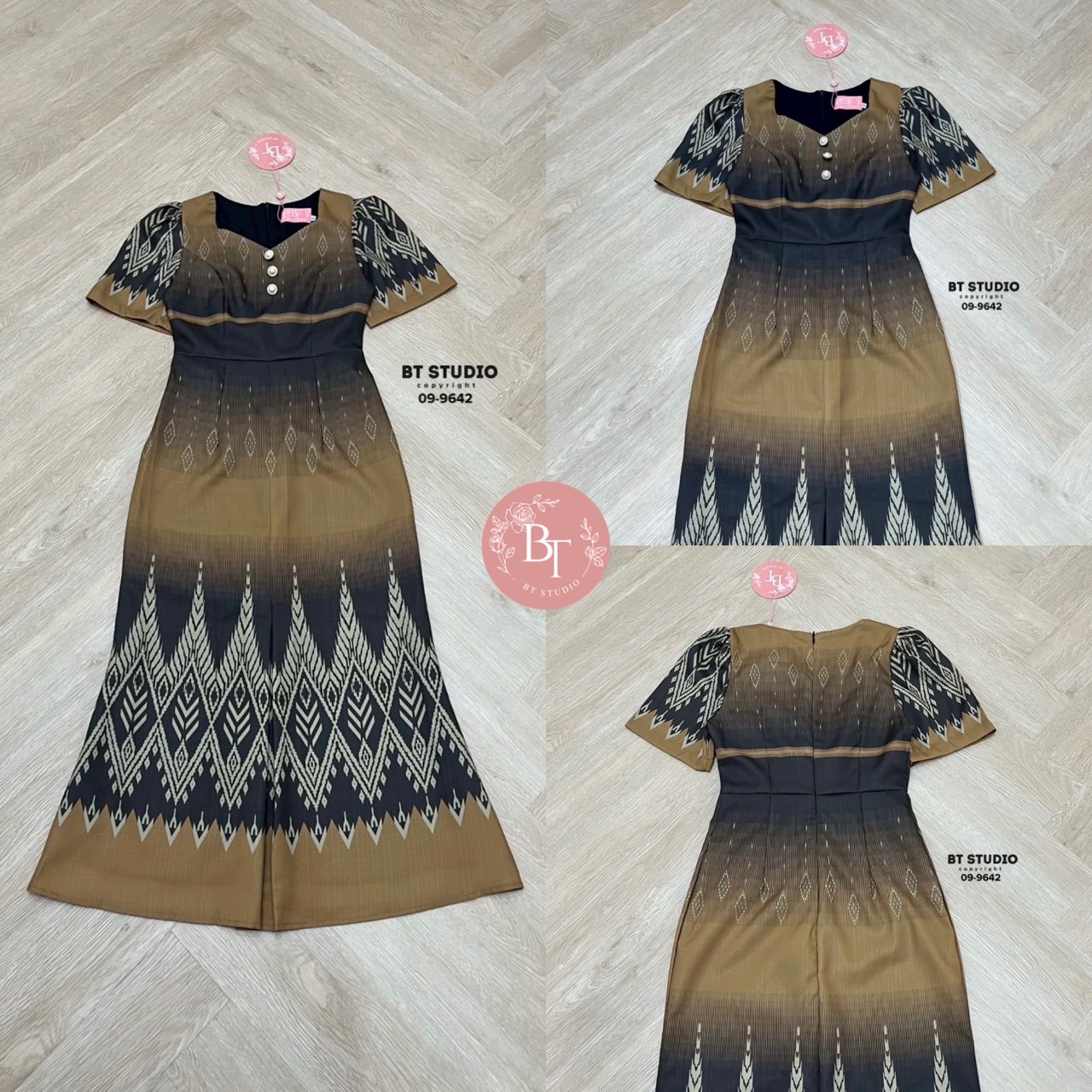 เดรสยาวผ้าไทยดีเทลแต่งคอเว้าเล็กน้อย แขนสั้น แต่งกระดุมมุก 3 เม็ดเรียงกัน ดีไซส์ผ้าพิมพ์ลายไทยประยุกต์ งานสวยเนื้อผ้าดีมีซับในคัตติ๊งสวยจ้า