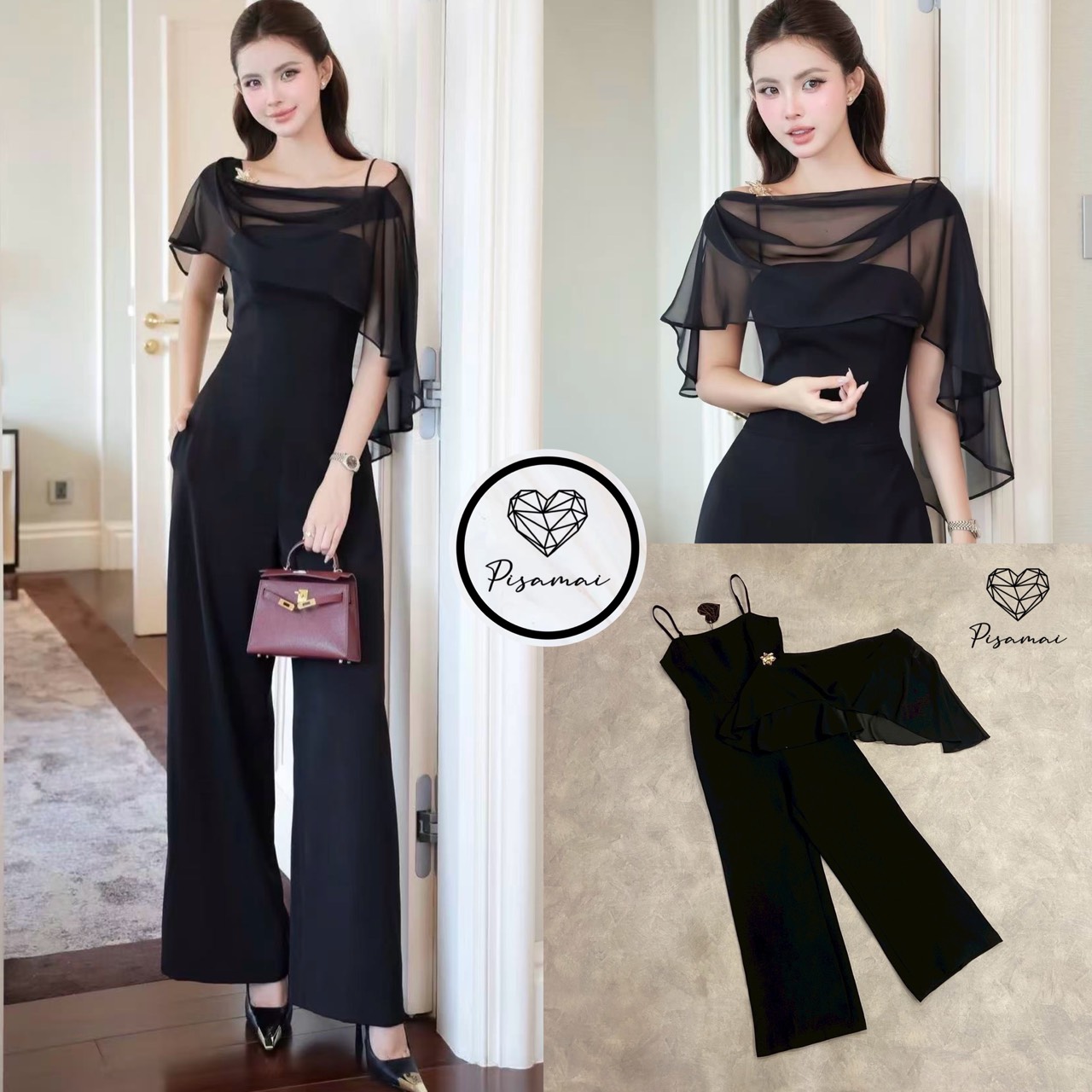 จั้มสูมสายเดี่ยวขายาว มาคู่กับซีทรูตัวสั้นคลุม และเข็มกลัดดอกไม้อะไหล่ทองแยกชิ้นได้ สามารถใส่แมทได้ตามใจชอบ สวย หรู ลูกคุณมากๆค่า รุ่นนี้ควรค่าแก่กสรเก็บต้องมีเลยค่า