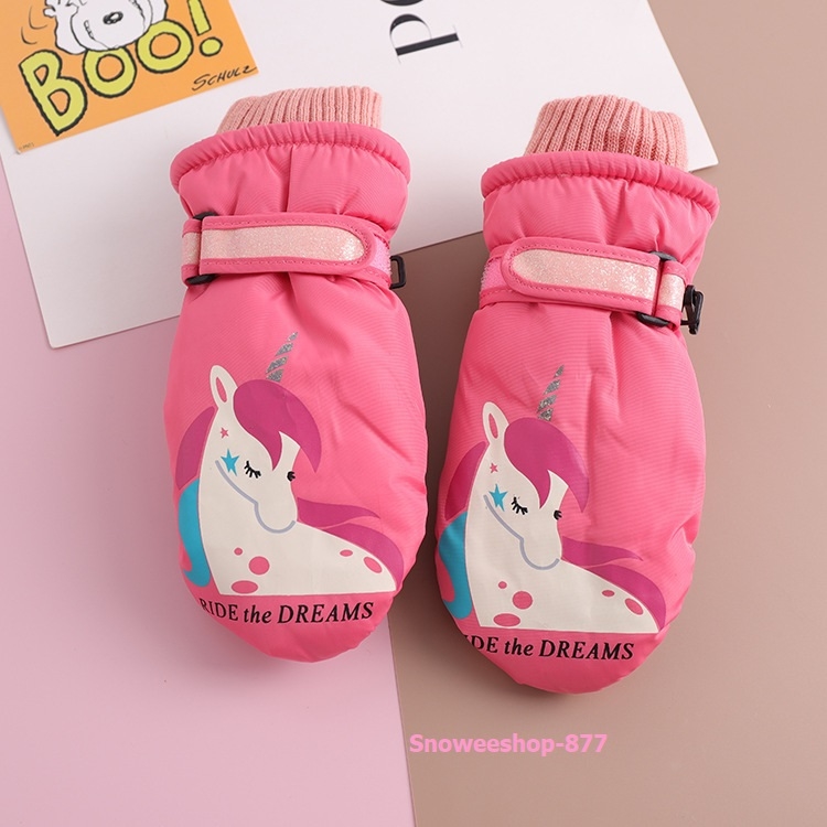 ถุงมือสกีถุงมือกันหิมะสำหรับเด็กบุหนากำมะหยี่เด็กลาย unicorn มี 5 เฉดสี 3-6 ขวบ