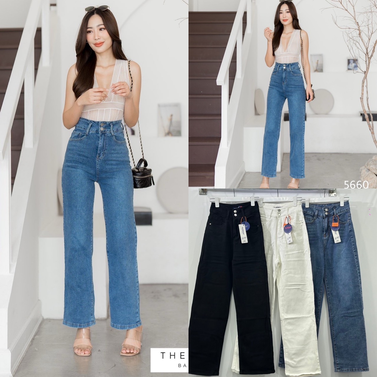 #5660 กางเกงยีนส์ขายาวผ้ายืด ทรงกระบอก เอวสูง รุ่นนี้งานดีเทลเรียบๆ แต่ทรงเป๊ะเว่อร์ เอวสูงปรี๊ด ขอบสองกระดุม งานฟอก เข้มๆ ผ้ายืดเด้งๆ เป็นทรงสวย ได้ลุกข์เรียบแต่ดูแพงเว่อร์