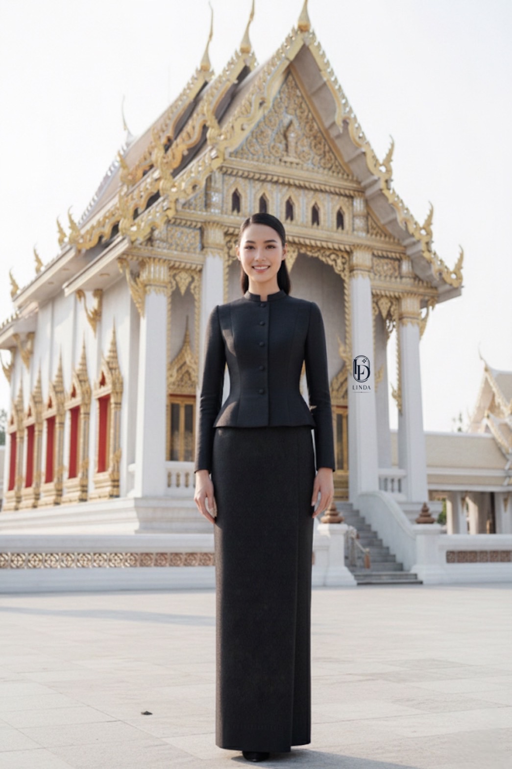 ชุดไทยจิตรลดาคอตั้งแขนยาวบ่าเสริมฟองน้ำยกไหล่กระดุมปั้มเรียงเม็ดตัวชุดเข้าเอวแต่ไม่แน่นทรงสวยมาพร้อมผ้าถุงป้ายหน้าใช้ผ้าเยอะเผื่อให้ใส่เดินนั่งได้สะดวกเพราะตรงที่ป้ายเผื่อผ้าให้เยอะไม่มีผ่าหลังใส่ได้สุภาพเนื้อผ้าไหมอิตาลี