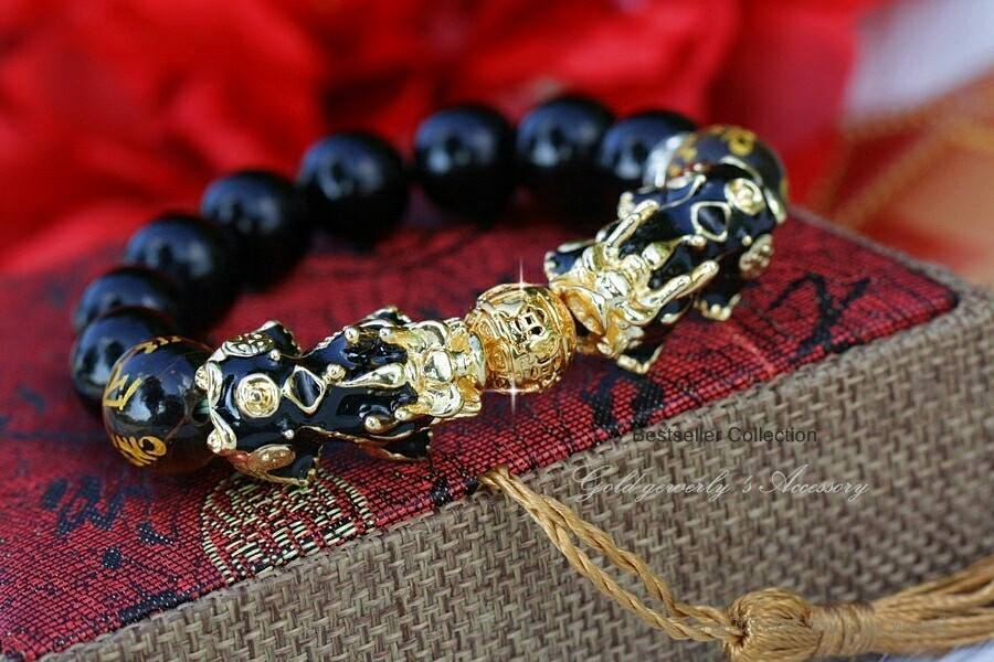 ข้อมือปี่เซียะคู่หินออปซิเดียน ขนาด10มิล ปลุกเสกแล้ว