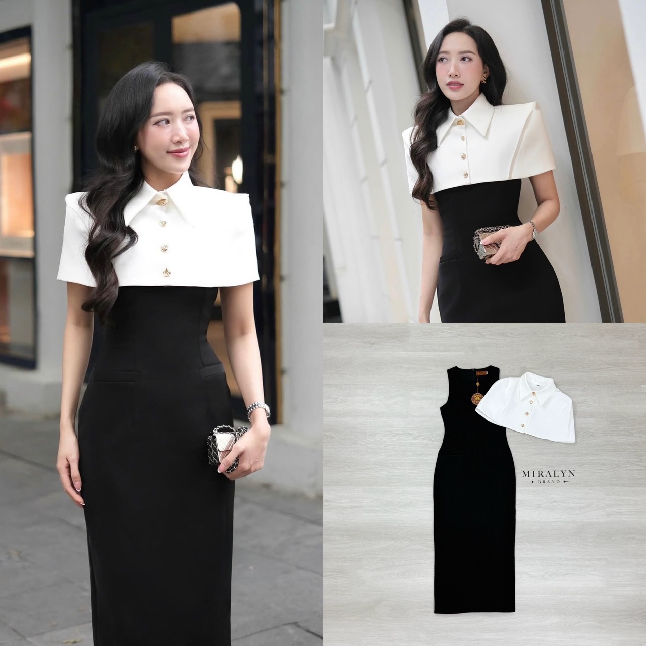 เดรสยาวสีดำพร้อมปกคลุมเสื้อคอปกสีขาวดีเทลกระดุมสีทองสวยมาก เดรสเข้ารูปแขนกุดทรงยาวผ่าด้านหลังอกมีฟองน้ำเสริมและซิปด้านหลัง งานเนื้อผ้าดีมาก การันตีงานคุณภาพ คัตติ้งประณีตใส่ใจทุกรายละเอียดของงาน