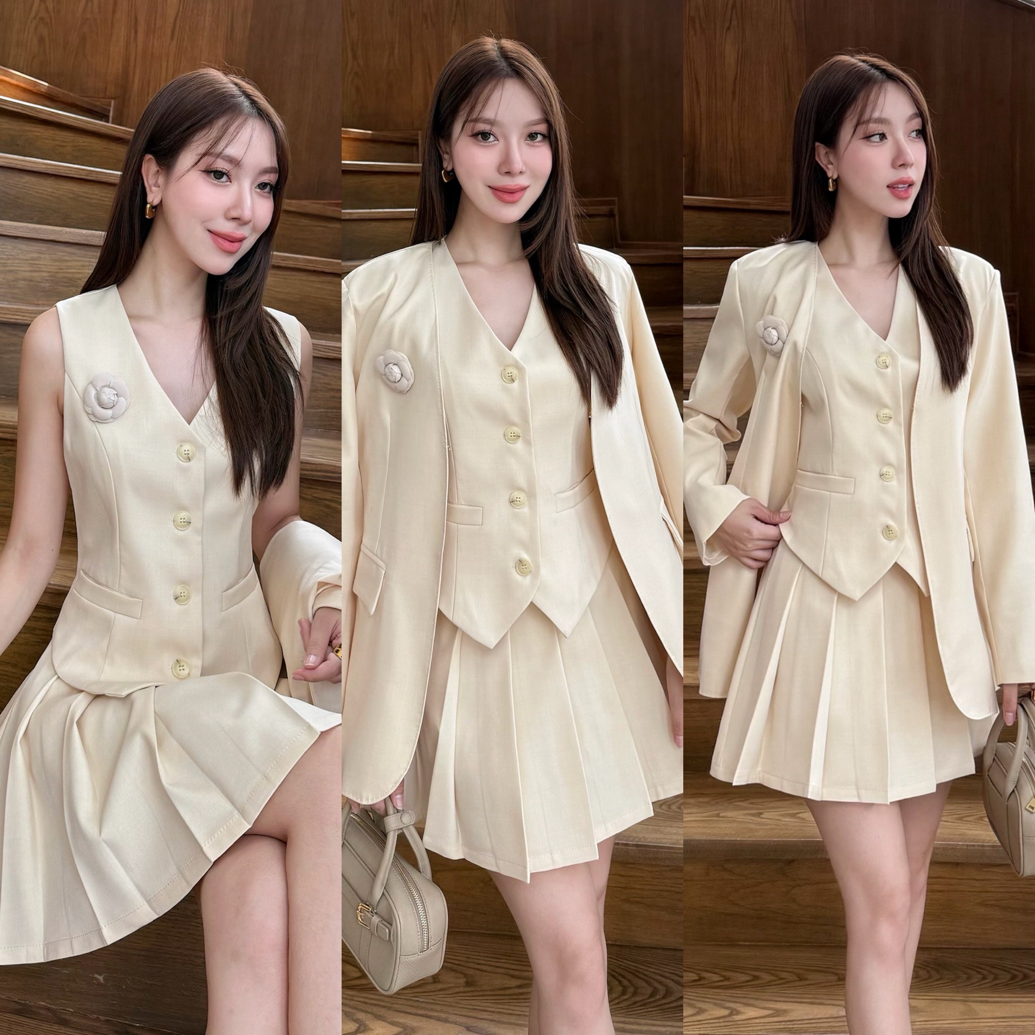เซ็ท 4 ชิ้น เสื้อสูท+เสื้อ vestด้านใน +กระโปรง(กางเกงเป็นซับใน)+เข็มกลัดดอกไม้ ใช้ผ้าเดียวกันทั้งเซ็ท ตัวเสื้อสูทมีซับในอย่างดี เสริมรองบ่าบางๆเพื่อให้เป็นทรงสวย มีตะขอใส่แบบติดก็ได้น๊า กระโปรงซิปข้าง ซับในเป็นกางเกง เนื้อผ้ามีTexture สวย ยับยากก #ชุดใส่ท