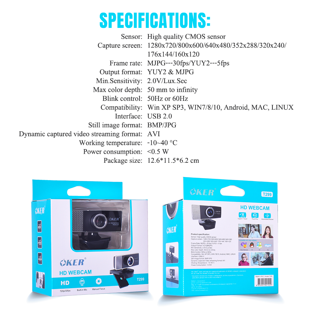 OKER T-299 PC Camera กล้องเว็บแคม 720P/30Fps CM-OK-HD-GT299