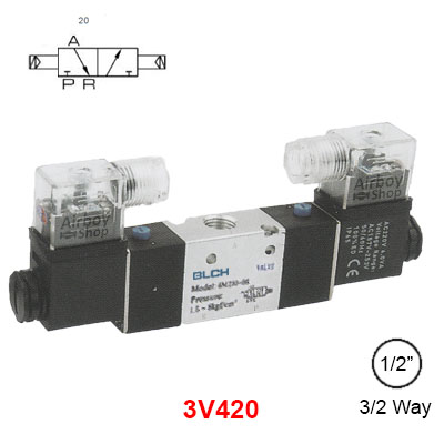 โซลินอยด์วาล์ว รุ่น 3V420-15 (Port 1/2") 3/2 Double Coil