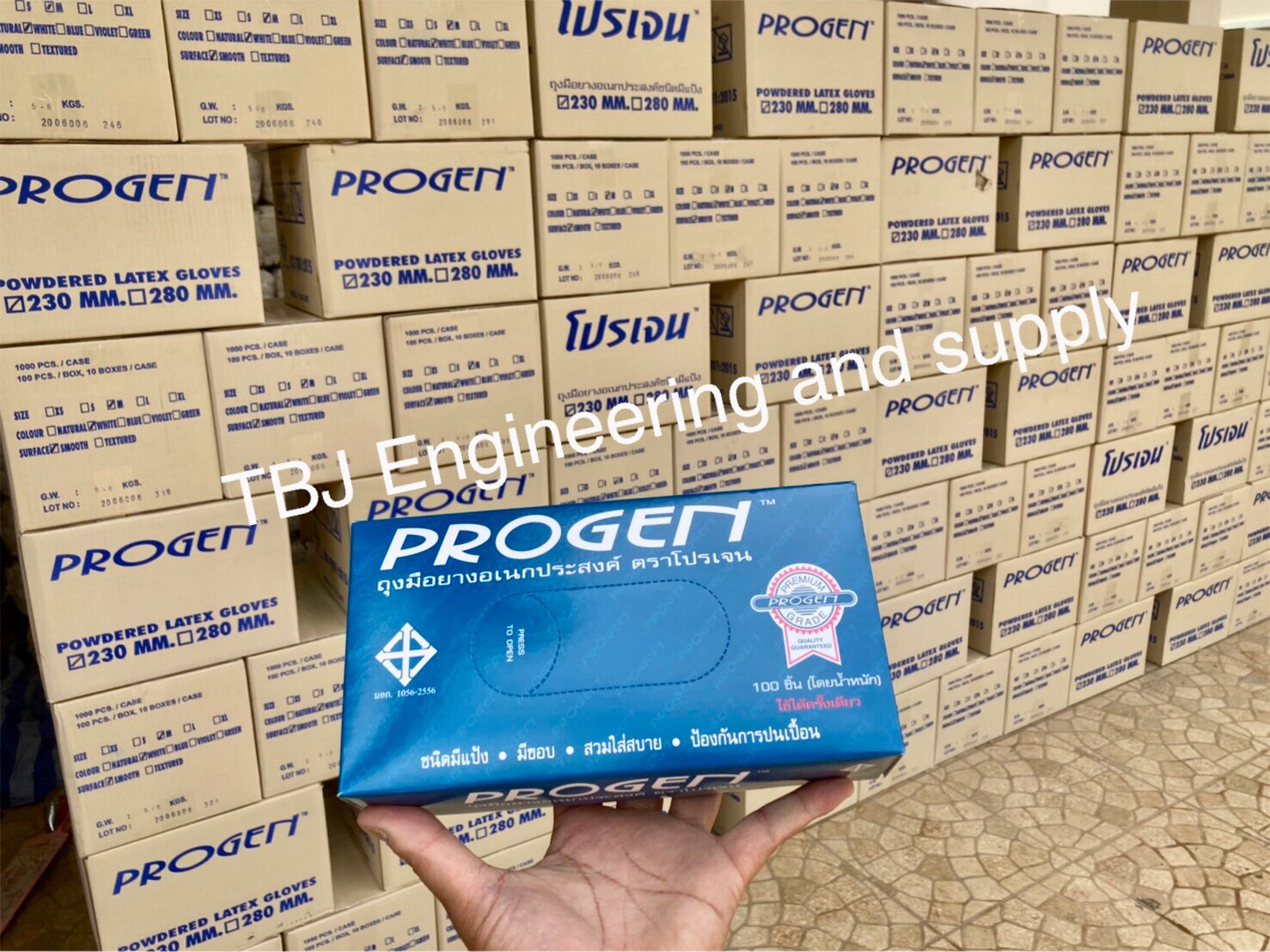 ถุงมือแพทย์ ถุงมือยาง แบบมีแป้ง Brand : Progen