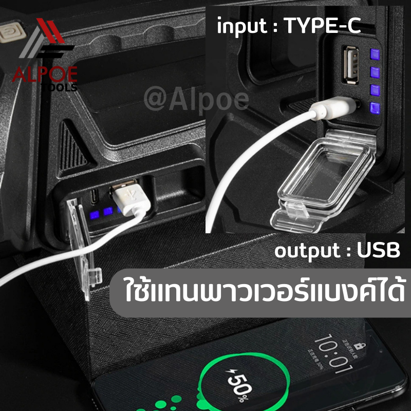 ไฟฉายหูหิ้ว หลอด P50 ไฟแรงสูง หมุนหัวได้ 350 องศา ชาร์จโซล่าเซลล์ได้