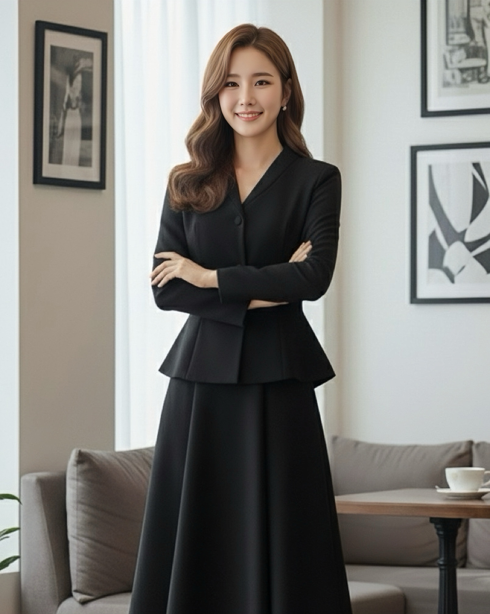 เซต 2 ชิ้น ชุดสุภาพสีดำล้วน เสื้อคอวีแขนยาว กระดุมสีดำด้านหน้า เอวเข้ารูป มากับกระโปรงยาวบานสีดำมีจีบกระโปรง ดูสุภาพเรียบร้อยมาก