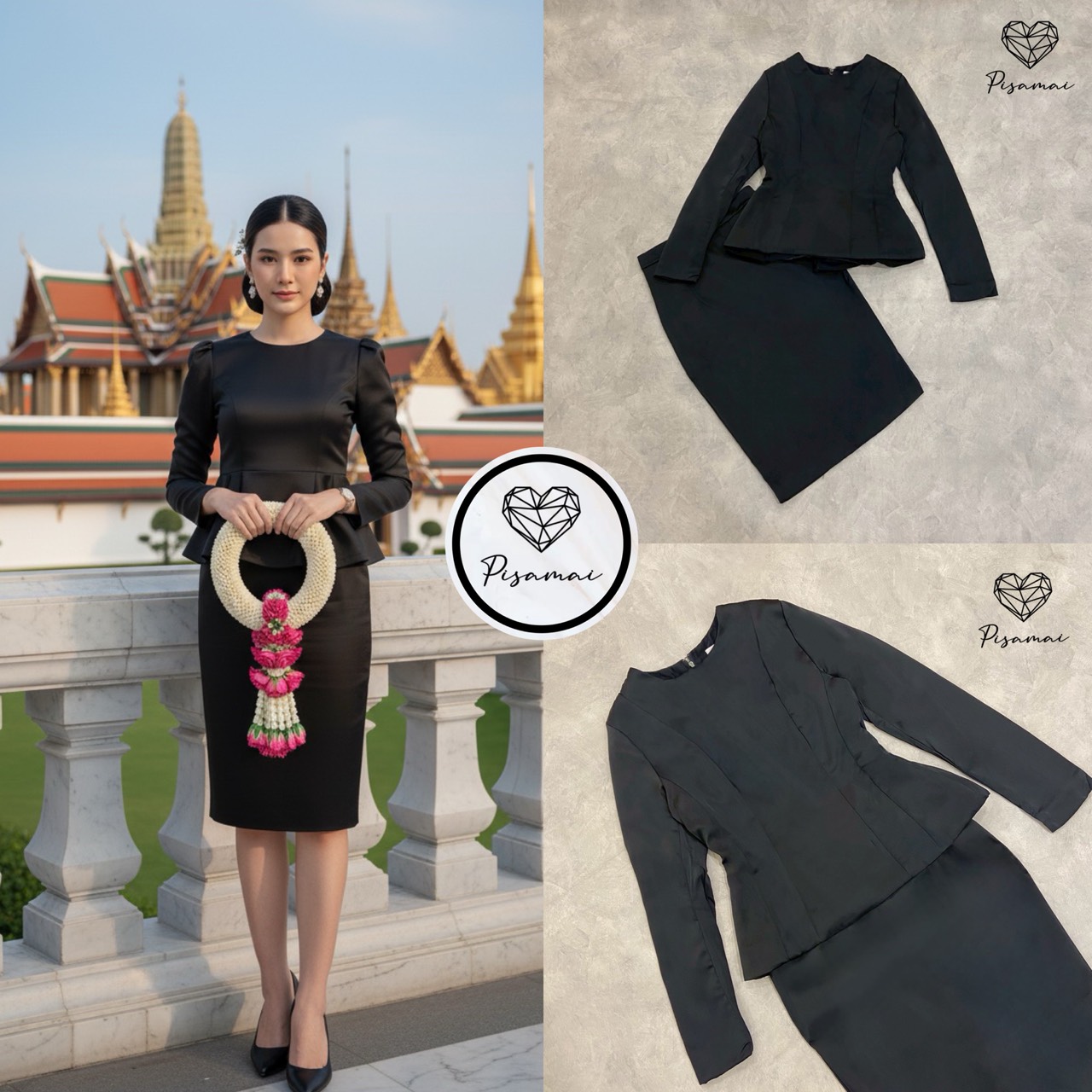 เซ็ตชุดไทยจิตรดาสีดำแขนยาวช่วงชายเสื้อแต่งทรงระบาย มาคู่กับกระโปรงทรงสอบคลุมเข่า ตามหากันทั้งประเทศ ต้องมีเลยค่า