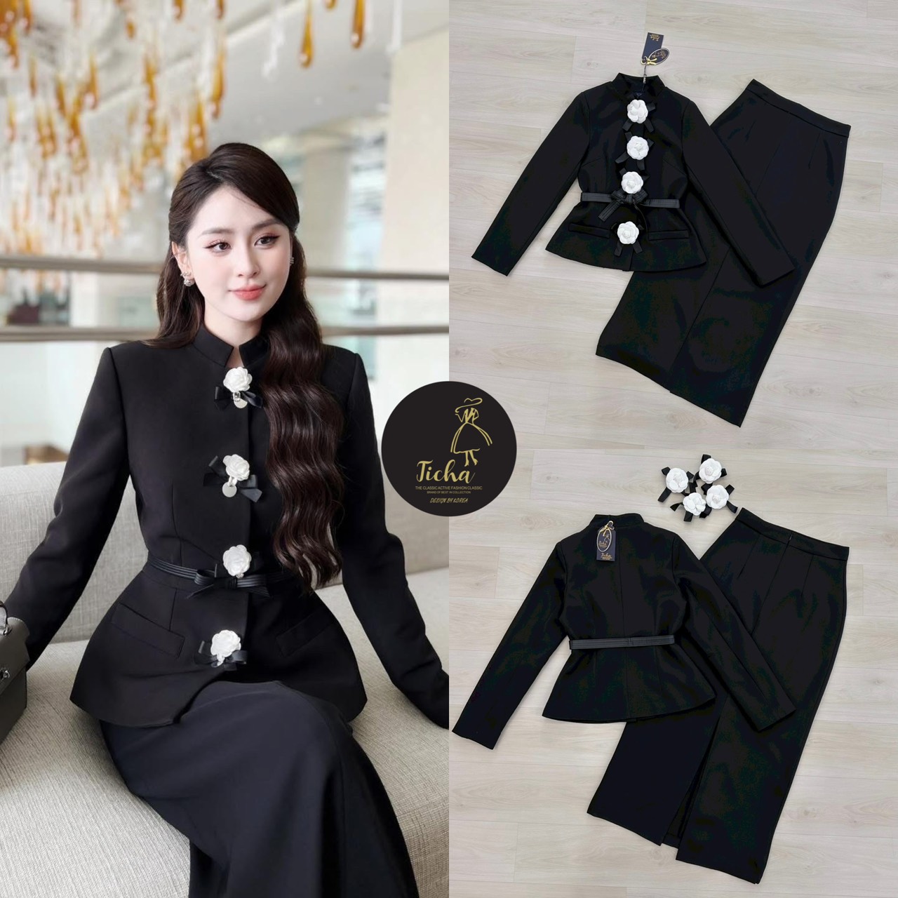 ชุด Set2ชิ้น เสื้อแขนยาวสีดำทั้งชุด คอจีน ดีเทลแต่งกระดุมเม็ดใหญ่ด้านหน้า และแต่งปกกระเป๋า มาพร้อมเข็มกลัดดอกไม้สีขาว และสายเข็มขัดหนังสีดำ (ช่วงไหล่เสริมฟองน้ำ)