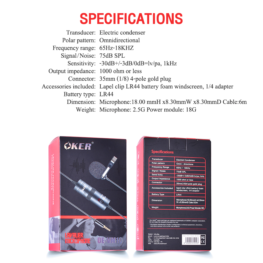 OE-VM10 OKER Clip On Microphone 3.5mm ไลฟ์สด คาราโอเกะ วีดีโอคอนเฟอร์เร้นซ์ YC-VM10 MI-OK-XX-OEM10