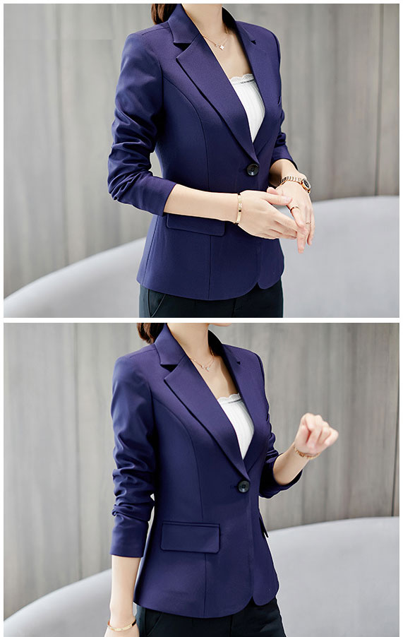 เสื้อสูทผู้หญิงสีกรมท่าใส่ทำงานสไตล์เรียบหรูสูทตีเกล็ดเข้ารูปหน้าหลัง เสริมบ่ามีซับใน กระเป๋าหน้าสองข้างกระดุมพลาสติกกลม มี 5 ไซส