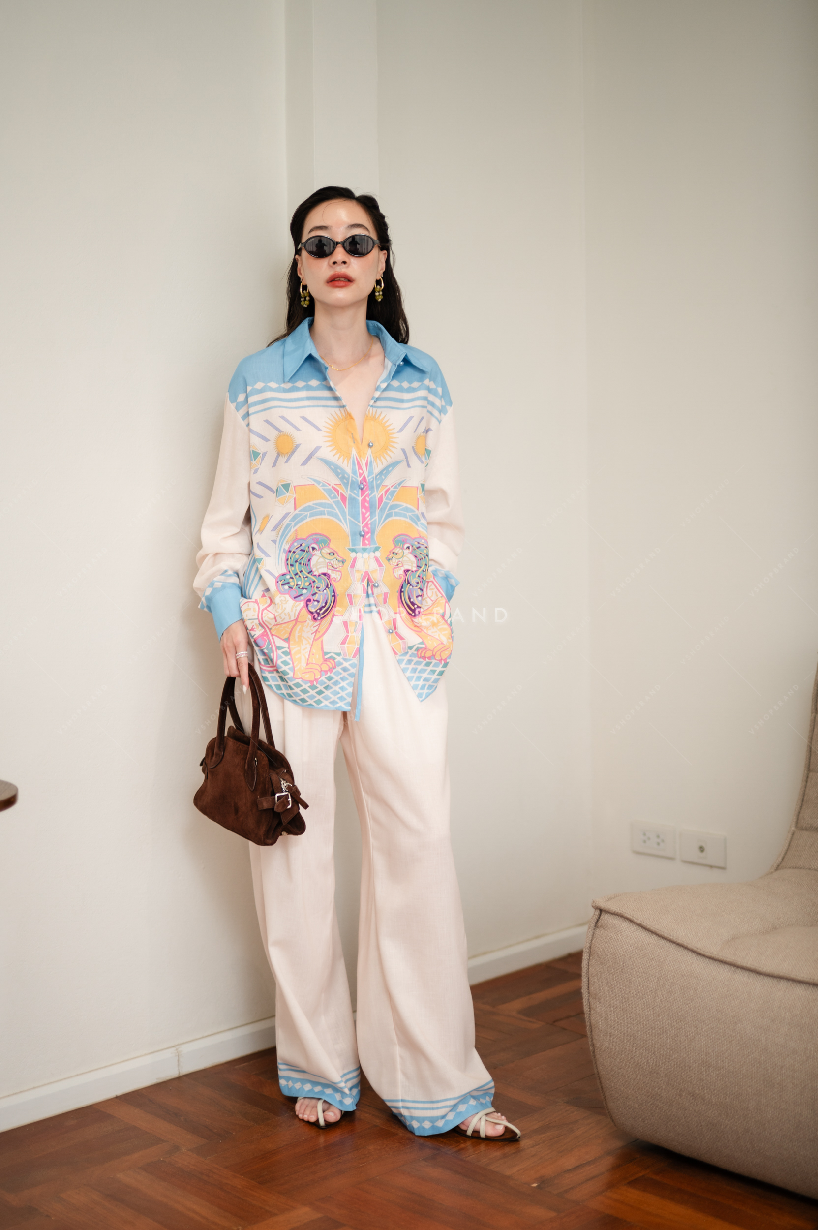 Set เชิ้ตแขนยาวทูโทนลายอียิปต์ + กางเกงขายาว