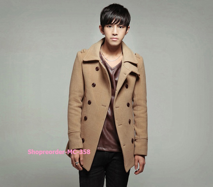 Out of Stock โค้ทกันหนาวชายทรงเบสิคผ้าแคชเมียร์กระดุม 2 แถวหน้า