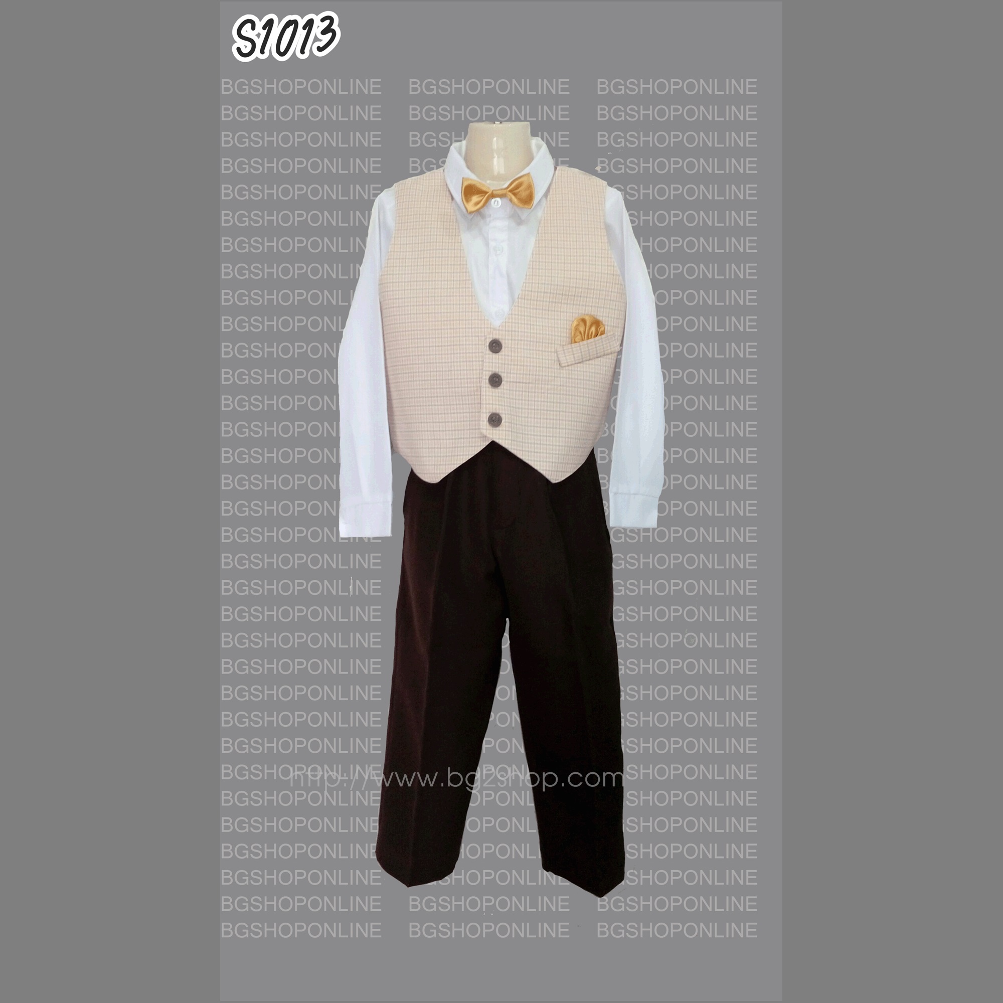 S1013 ชุดเสื้อกั้กเด็ก ลายสก็อตน้ำตาลอ่อน