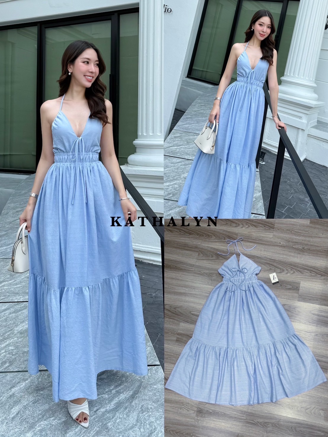 Tag : KATHALYN Detail : เดรสกระโปรงยาว คล้องคอผูกโบว์ที่หลัง หน้าอกแหวกได้มีโบว์ผูกกันโป๊ตรงกลางที่หน้าอก ช่วงเอวแต่งสม็อคยืดได้ค่ะ ทรงสวยใส่น่ารักเนื้อผ้าสีขับผิวมีเทกเจอร์ในตัวผ้า ท่อนล่างกระโปรงพลิ้วเล็กน้อย ด้านหลังโชว์หลังผูกโบว์เซ็กซี่เล็กน้อย ชุดนี