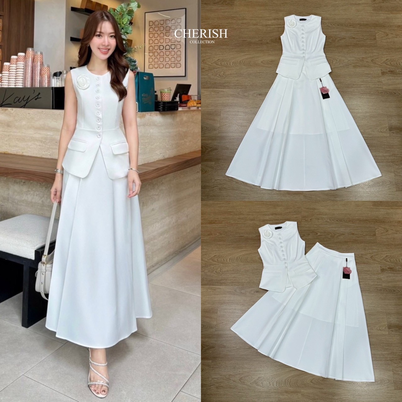 ชุดเซ็ท เสื้อ+กระโปรง สไตล์คุณหนู เรียบหรูดูผู้ดี เสื้อแขนกุดตัวยาวตกแต่งกระดุม มีกระเป๋า 2 ข้างใช้งานได้จริง มาพร้อมเข็มกลัดดอกไม้ จะติดตรงไหนก็ได้ตามใจชอบ ตัวกระโปรงบานเอวสูงจับจีบหน้ามีกระเป๋า 2 ข้าง ซับในอย่างดี จะใส่เดินห้างหรือไปงานสังสรรค์เข้าสังคม