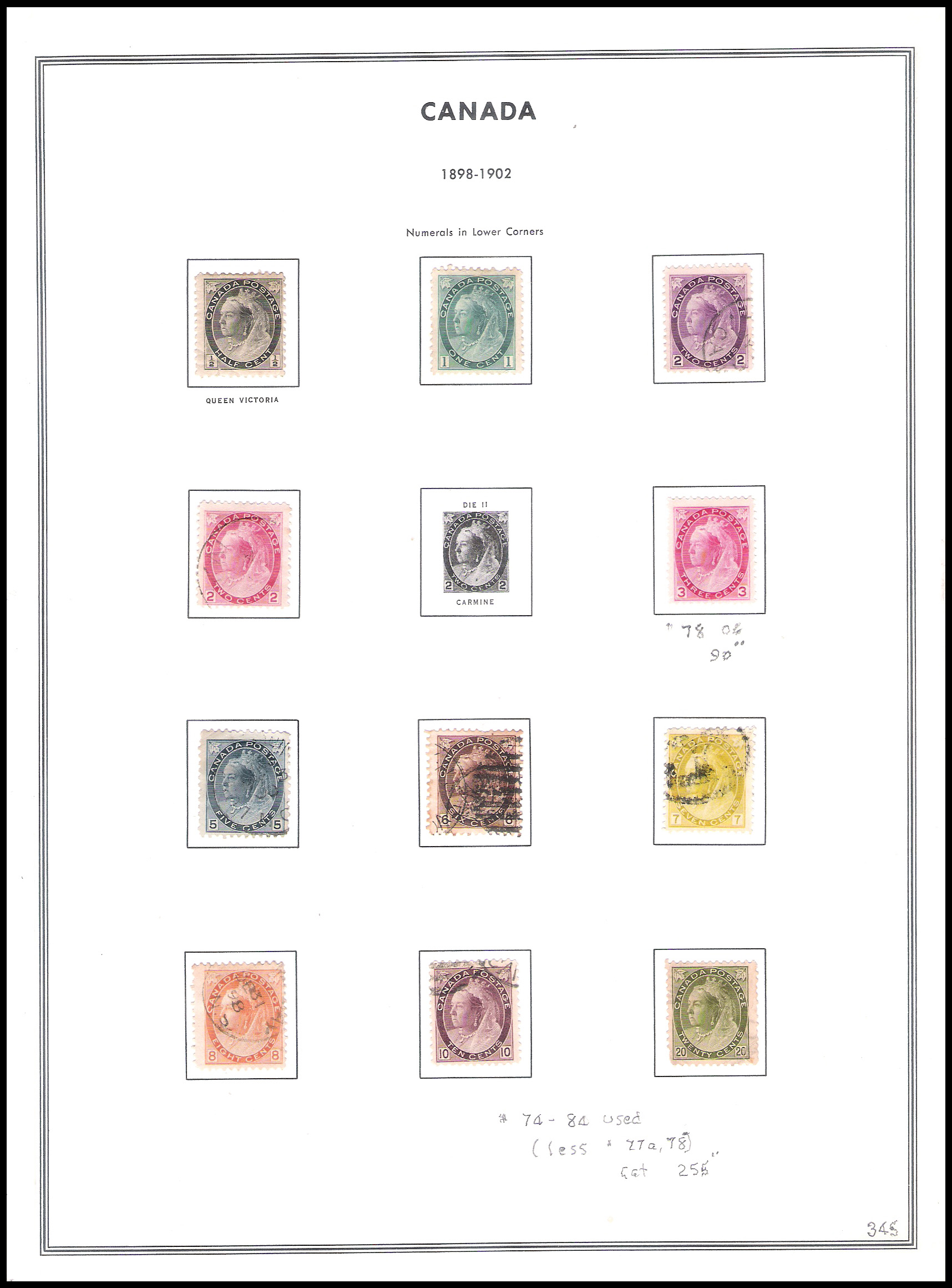 2 SHEETS 1898-1902 Canada Queen Victoria (15 Stamps) CV $376