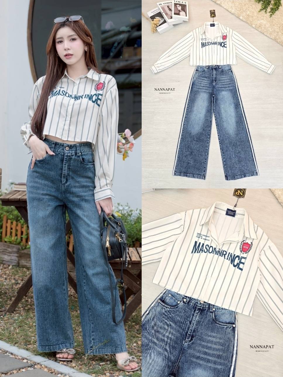 ชุดเซท ป้าย:: NANNAPAT (NP) 🎗️ CONCEPT :: เสื้อเชิ้ตผ้าดีมาก พิมพ์ลายอย่าเก๋ +กางเกงยีนส์แท้ฟอก แต่งแถบข้าง