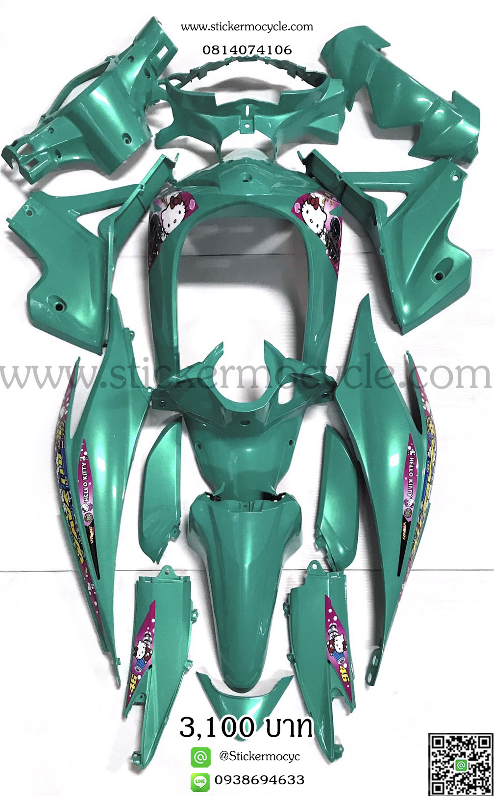 ชุดสี Wave110 i บังลมใหญ่ สีเขียวมิ้นท์ ติดสติ๊กเกอร์ลายการ์ตูน
