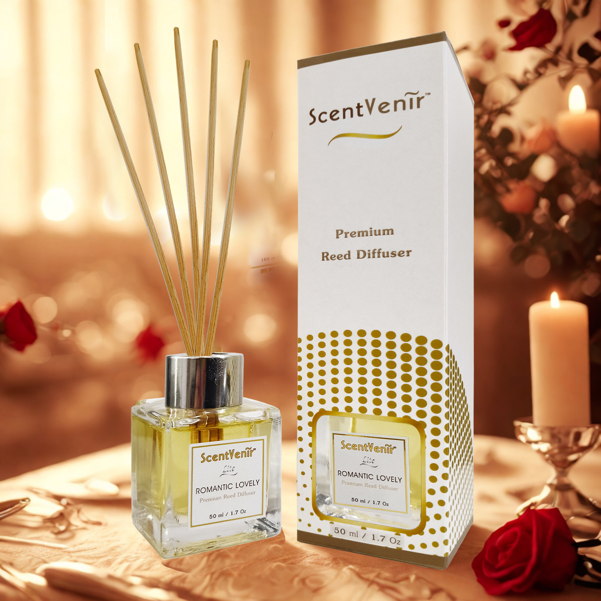 ROMANTIC LOVELY Scent Diffuser (Lite) น้ำหอมกระจายกลิ่น น้ำหอมปรับอากาศ ก้านไม้หอม กลิ่น โรแมนติก เลิฟลี่ สัมผัสกับกลิ่นแห่งความหวาน อบอุ่น โรแมนติก อโรม่า หอมละมุน แบบเบาๆ สูตรพิเศษด้วยน้ำมันหอมระเหยแท้ผสมกับหัวน้ำหอมเกรดสูง ขนาด 50ml ใช้นาน 1-2 เดือน