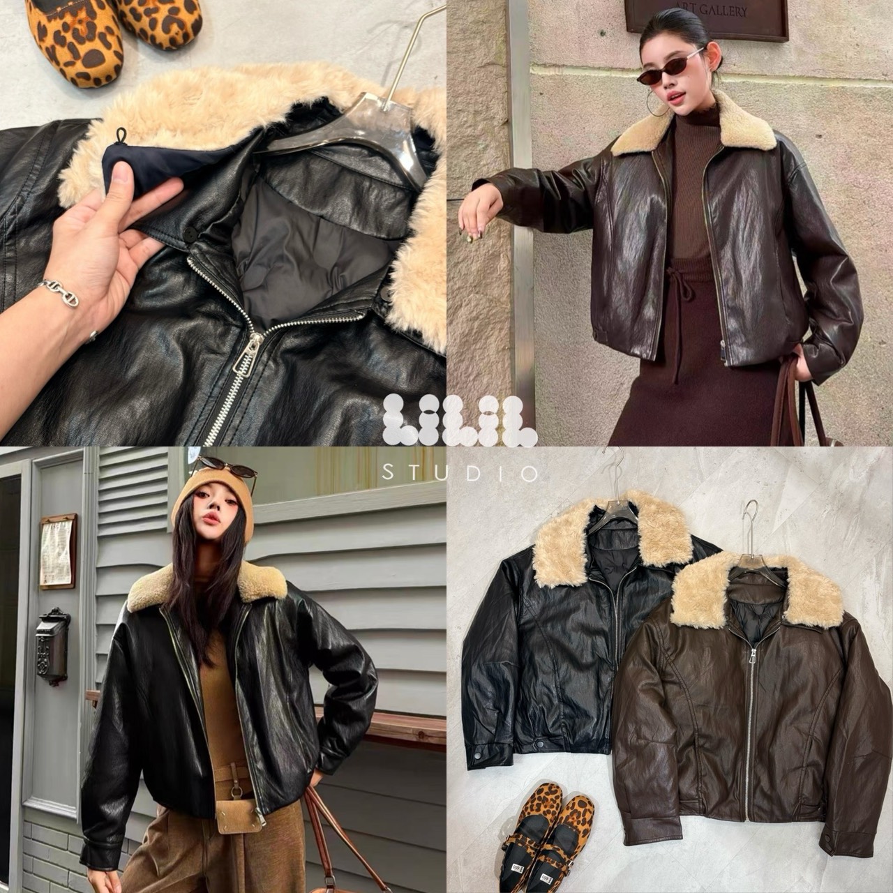 Lovely leather Jacket⭐️ พร้อมส่งค่ะ งานเสื้อJacket หนังลูกวัวนิ่ม ปกถอดได้ ซิปหน้ากระเป๋าจริงค่ะ
