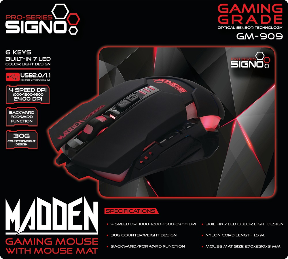 SIGNO GM-909+PAD BLACK SIGNO GAMING 2000DPI LED 7สี GM-909 MO-SI-OU-GM909