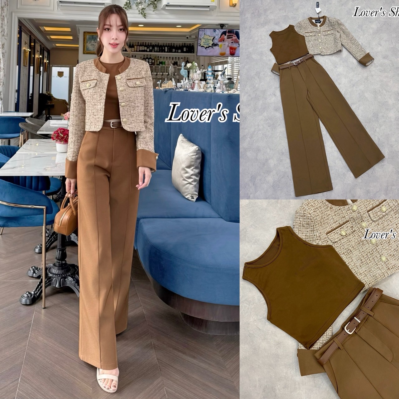 Teg : Lover’s Shop Detail : รุ่นขายดี สีใหม่เข้าเพิ่มแล้วค้า Set 4ชิ้น (เสื้อคลุม+เสื้อแขนกุด+กางเกง+เข็มขัด) คุ้มสุดๆค้าาา ดีเทลเสื้อแขนยาวเนื้อผ้าทวิตทอลายในตัว มาพร้ามเสื้อกล้ามสีขาวผ้ายืดตามตัว แม็ทกับกางเกงขายาวทรงเอวสูงเนื้อผ้าสูทอัดกาว มีซับใน เนื้