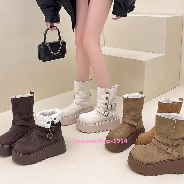 รองเท้าบูทมาร์ติน Martin Boots for Winter สำหรับผู้หญิงเสริมส้นหนาสำหรับสาวไซมินิ ใส่แล้วดูสูงเพรียว บุขนด้านใน กันหนาว กันลม กันหิมะ กันหยดน้ำ แต่งเข็มขัด ใส่ได้หลายแบบ มี 4 สี ขนาด 35 ถึง 40