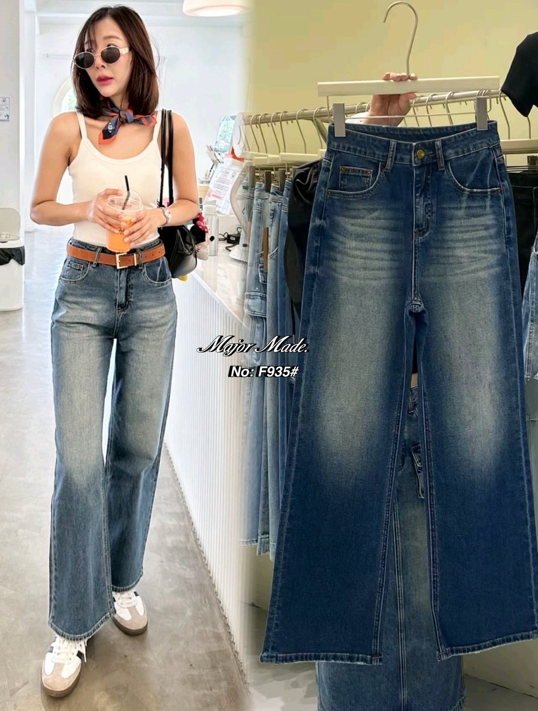 No. F935# -กางเกงยีนส์ขากระบอก เอวสูง （ผ้ายืด) บอกเลยรุ่นนี้เนื้อผ้ายีนส์ยืดอย่างดี ผ้านิ่มมากกกค่ะ ฟอกสีเข้มสวย ใส่สบายมว๊ากก ใส่ดูเพรียวมาก ดีเทลสวยมาก