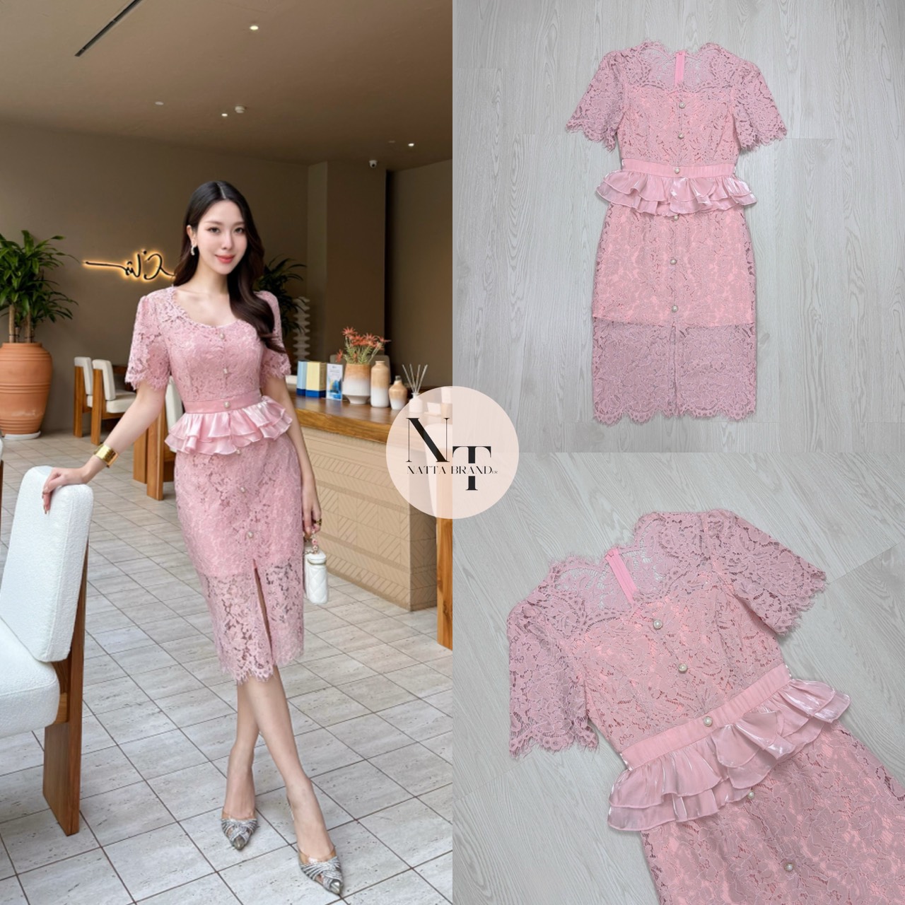 ชุดเดรสลูกไม้สีชมพู แต่งดีเทลผ้าระบายช่วงเอวมีความหวานมากขึ้น แต่งกระดุมหลอกด้ายหน้า ซิปซ้อนด้านหลัง มีผ้าซับในอย่างดีผ้าไม่บางค่ะ แหวกด้านหน้านิดหน่อย งานสวยมากกกก