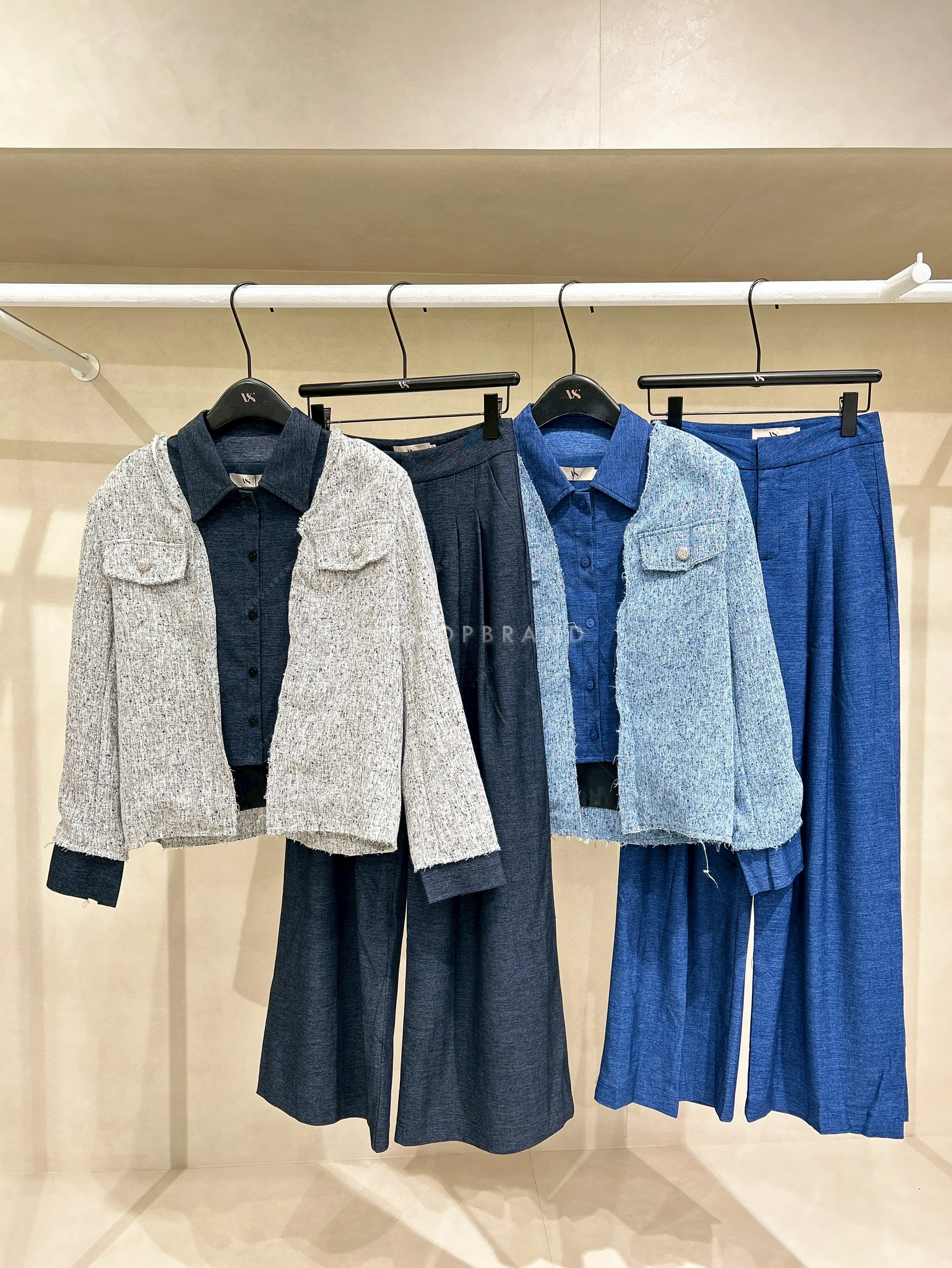 Set เสื้อแขนยาวผ้าทอต่อเชิ้ตด้านใน + กางเกงขายาว