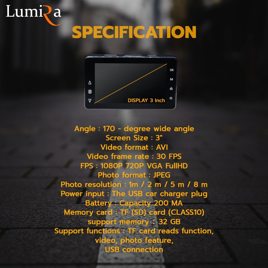 LCVD-042 LUMIRA กล้องติดรถยนต์ FULLHD หน้าจอ 3นิ้ว SKU-02315