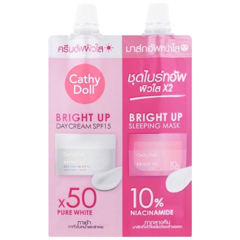 (ยกกล่อง 6 ซอง) Cathy Doll Bright Up Day Cream SPF15 5 ml + Sleeping Mask 7 g ครีมอัพผิวใส + มาส์กอัพหน้าใส กู้ผิวโทรม